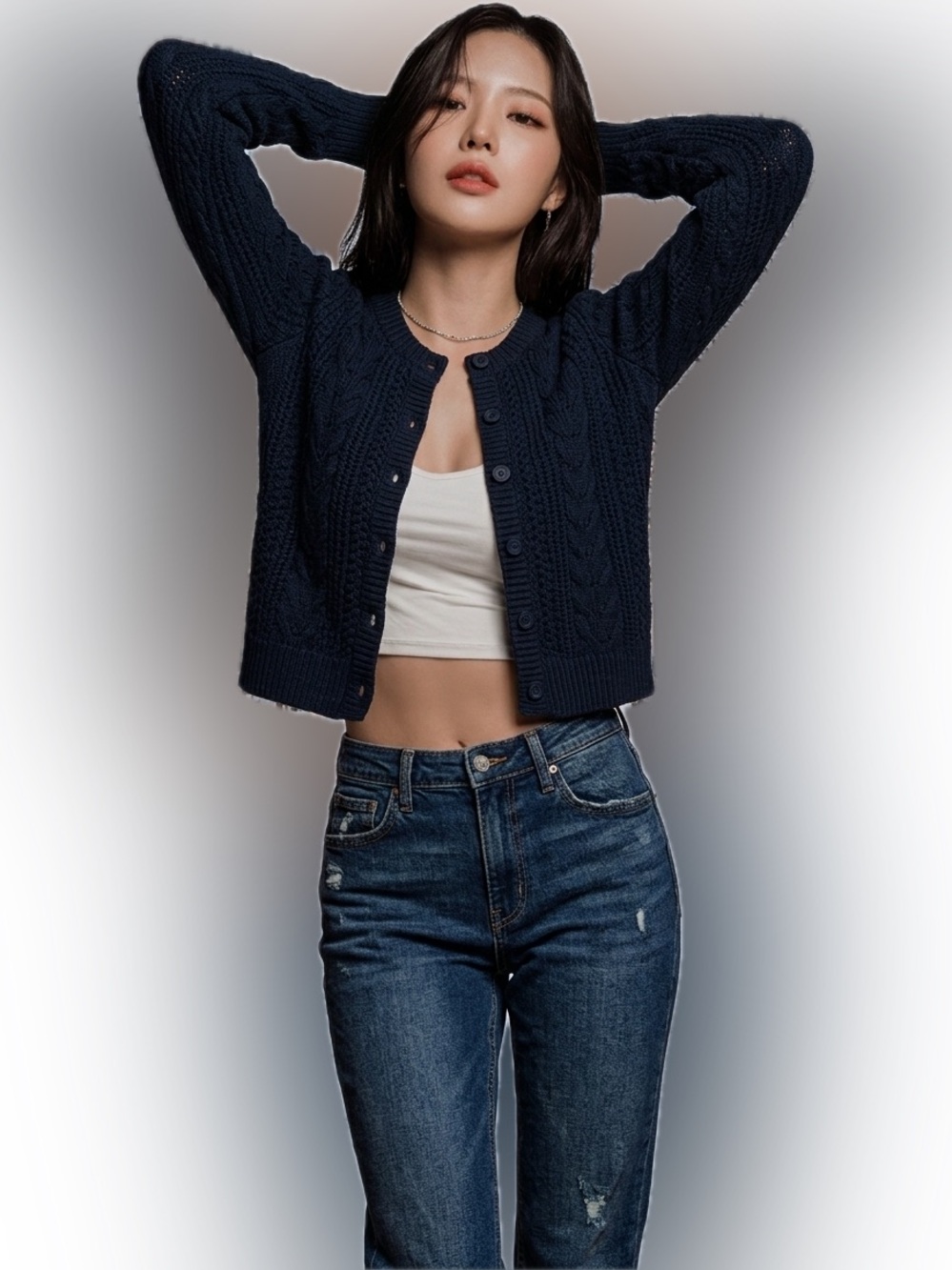 Hollister Navy Cropped Cable-Knit Button Cardigan